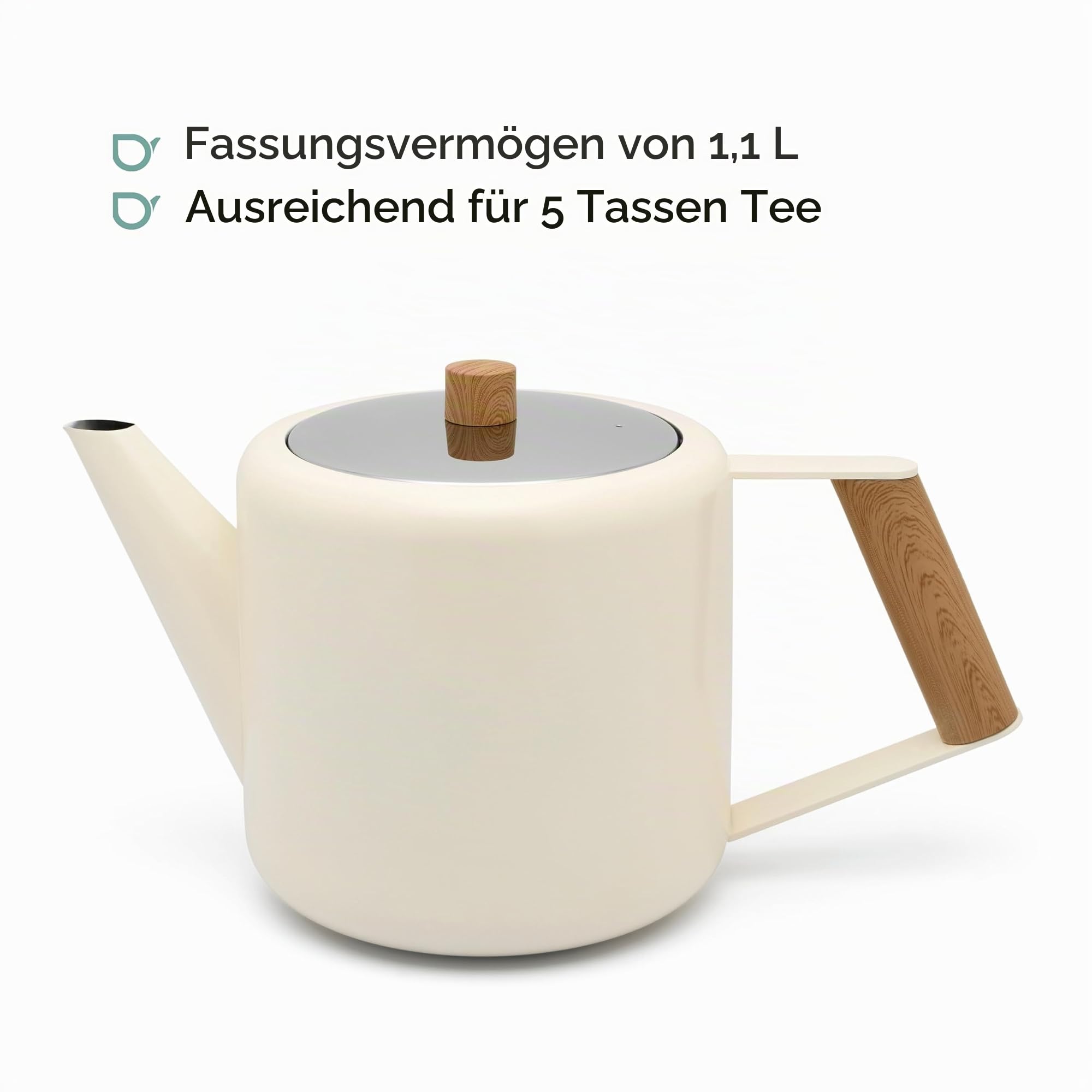 doppelwandige creme-weiße Edelstahl Teekanne 1.1 Liter - isolierende Kanne für längeren Teegenuss