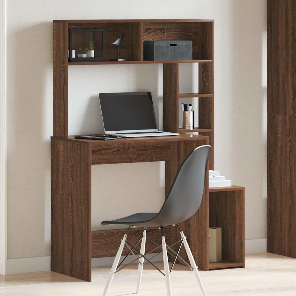 Scrivania con mensola, effetto rovere, marrone, 100 x 45 x 140 cm, materiale in legno, grande area di lavoro per casa, ufficio, design moderno