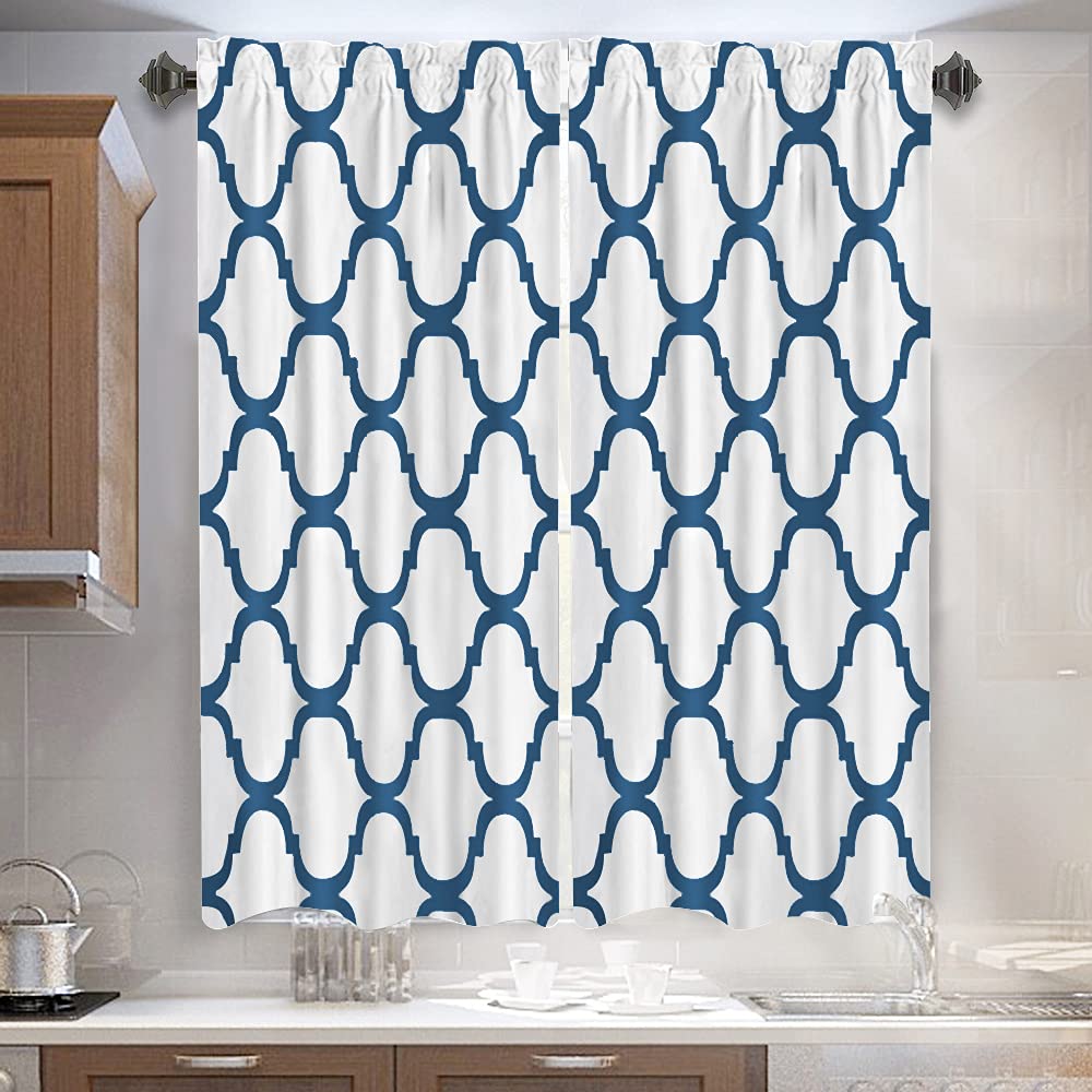 Melodieux Moroccan Fashion Tier Curtains for Kitchen, Geometric Lattice Rod Pocket Curtains for Cafe Bathroom Small Windows, 45 Inch Length, Off White/Royal Blue