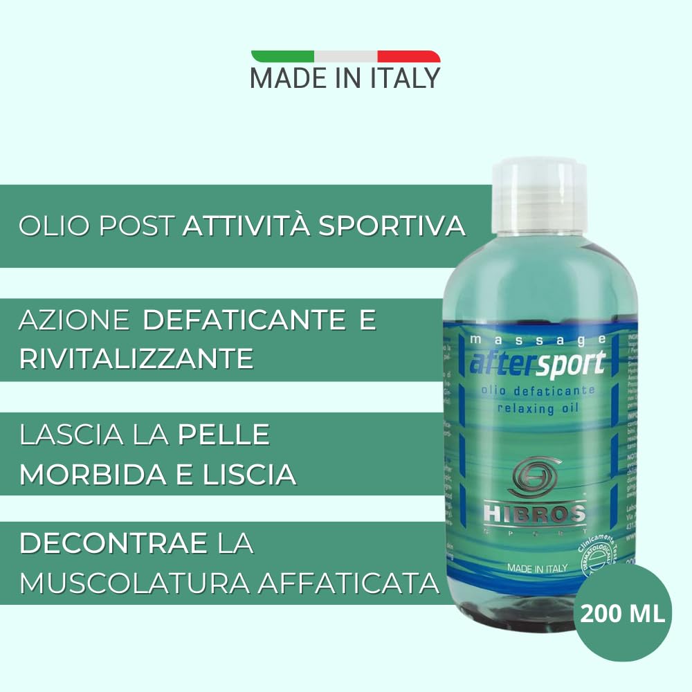 Hibros Olio Aftersport Massaggio Sportivo Azione Defaticante Rivitalizzante Emolliente Idratante Stimolante Post Attività Sportiva Dopo Sport con Ingredienti Naturali 200 ml