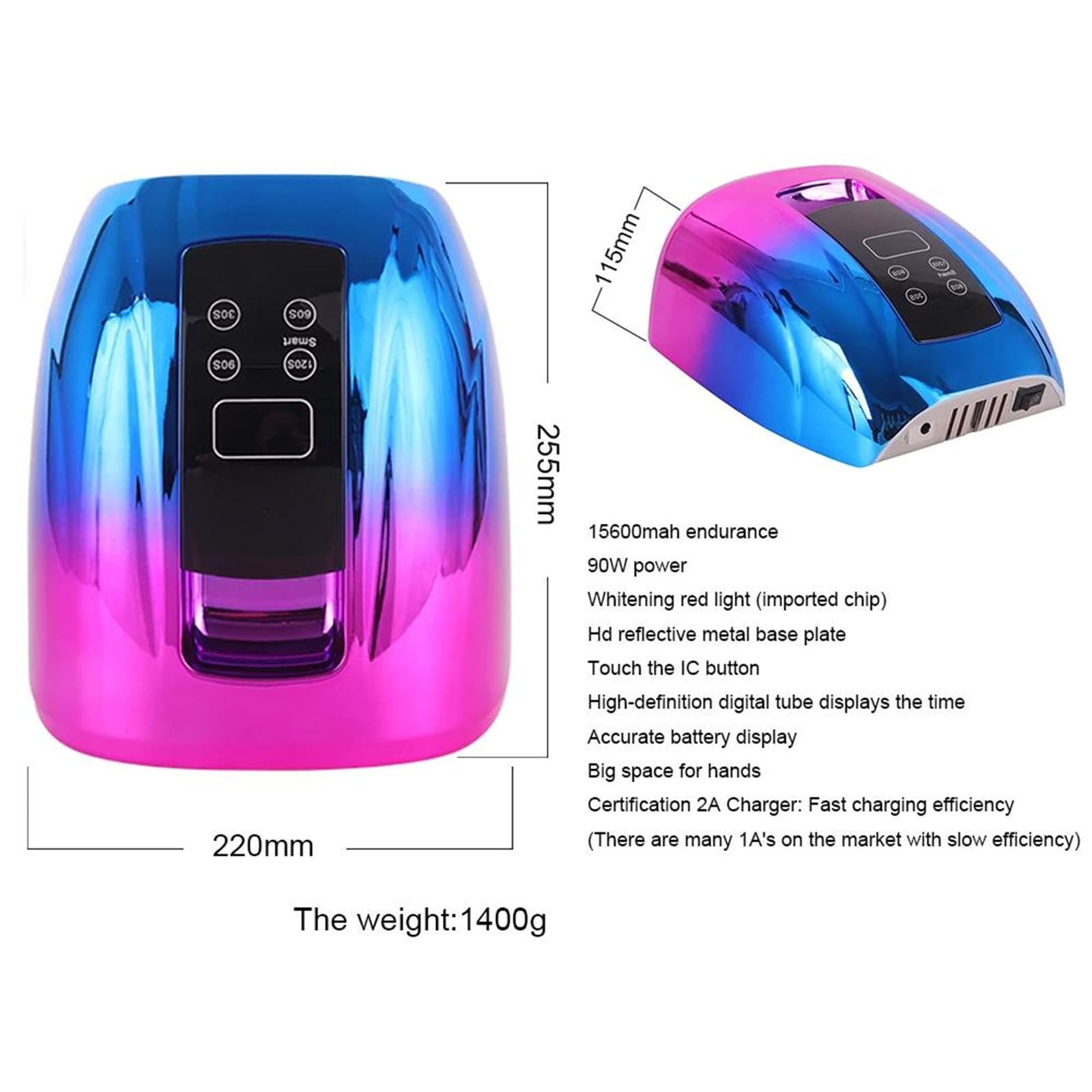 B,lámpara de uñas Recargable lámpara de uñas UV led portátil 90 w gradiente lámparas led para Secado de Esmalte de Gel lámpara UV led de curado por luz roja con Base de Espejo