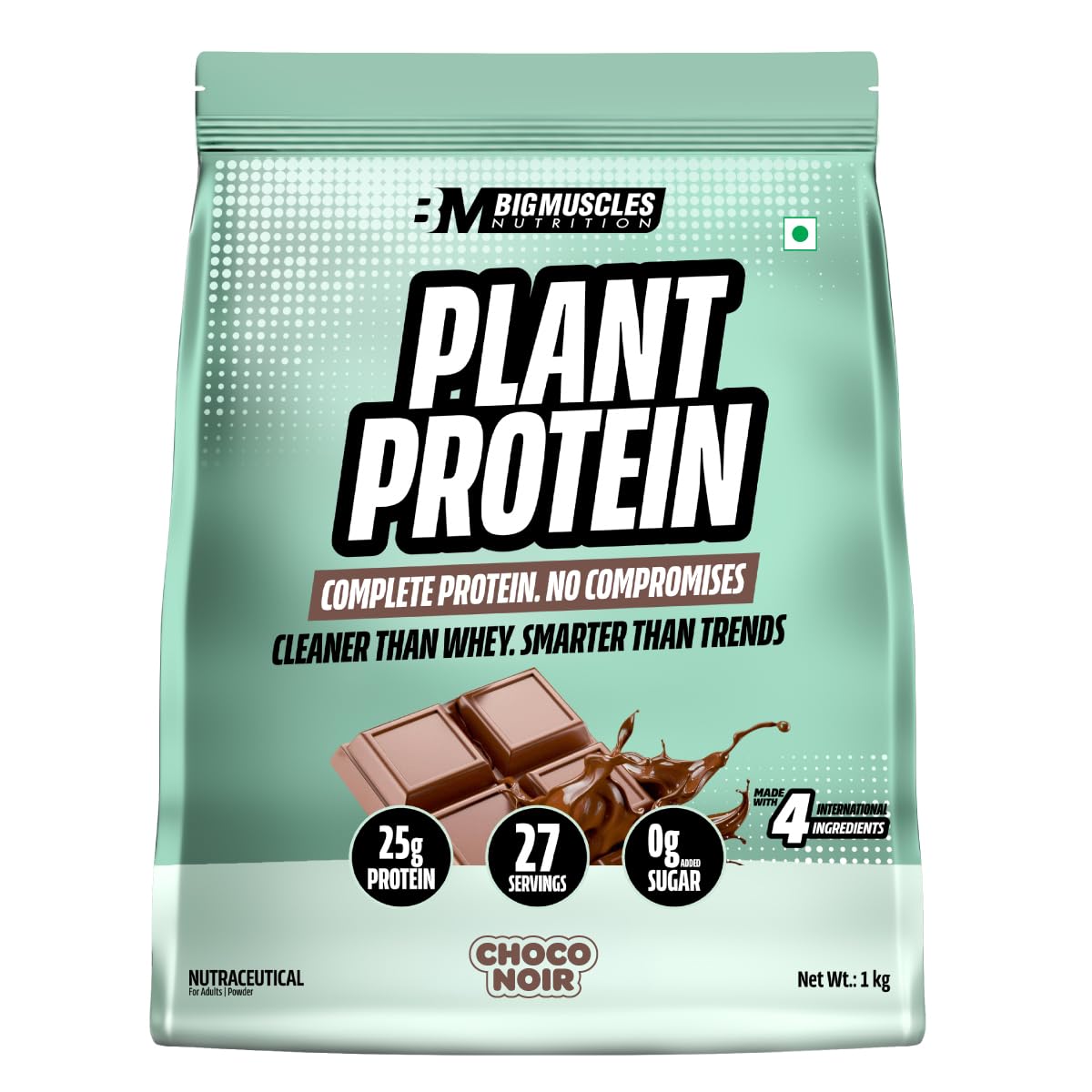 Bigmuscles Nutrition Clean Plant Protein | 25g Pea & Rice Protein Isolate Per Serve (1kg, Chocolate Noir) | Complete Amino Acid Profile | Easy Digestion & Non-Chalky