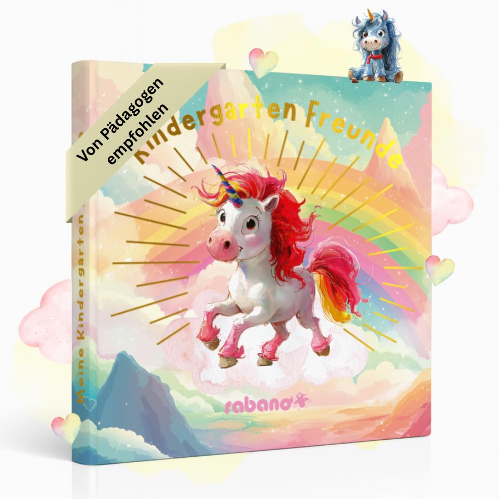 Rabano Art Freundebuch Kindergarten Mädchen I Von Erzieherinnen gestaltet I Kinderfreundliche Gestaltung I Mit Goldprägung I Freundschaftsbuch Einhorn