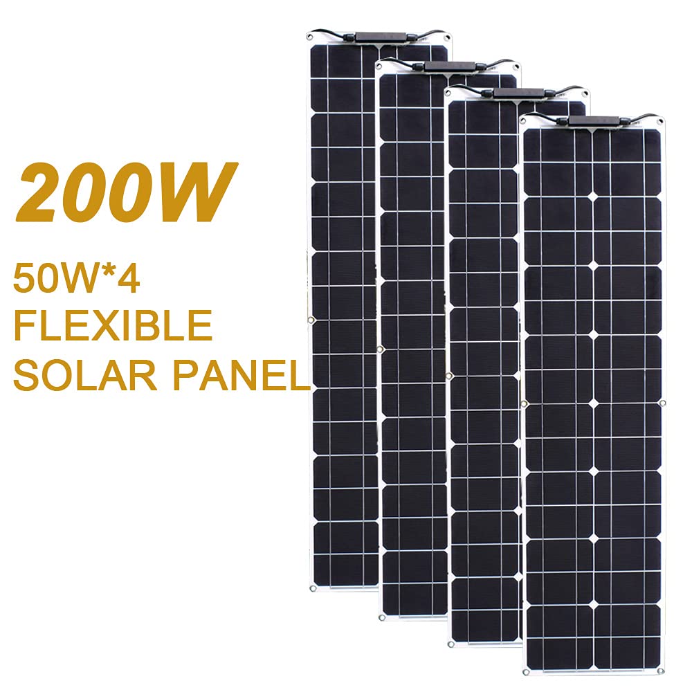 Pannello solare flessibile 200 W 12 V monocristallino caricatore solare impermeabile e ultra sottile per camper, barche, abitazioni e superfici irregolari (50 W x 4)