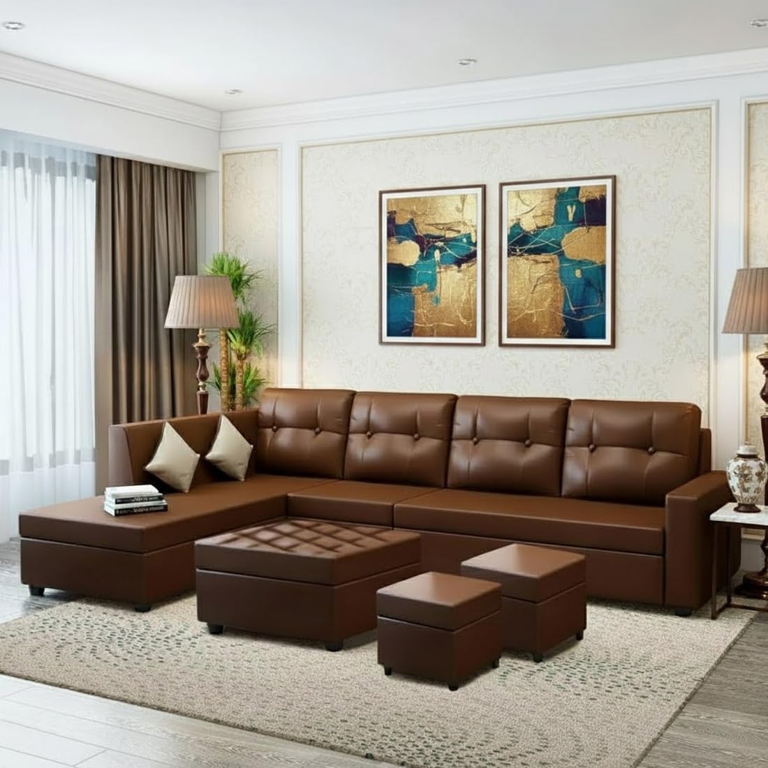 World Wooden Factor 8 Seater Leatherette LHS L Shape Sofa Set with 1 Centre Table & 2 Puffy (Brown) Premium Finish | Durable Comfort | Ideal for Living Room-image-49