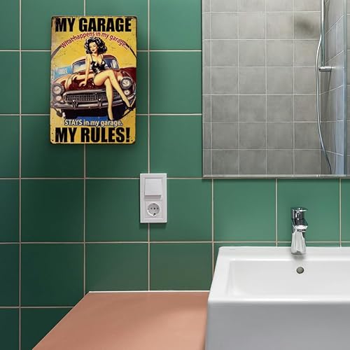 Miniatura 6 de 1 letrero de metal vintage de 11.81 x 7.87 pulgadas, letrero retro de Iron My Garage My Rules de aspecto oxidado, póster para mujer, para el hogar,
