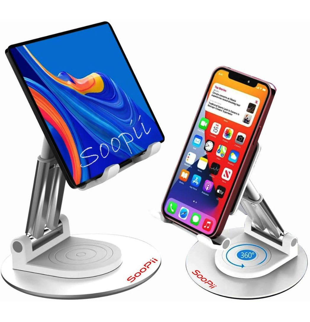 SOOPII Desktop Grade-A Quality Mobile Phone Tabletop Stand, Tablet Stand, Mobile Holder, Adjustable & Foldable, Aluminum Stand Holder for Mobile Phone and Tablet (Up to 10.3 inch) - Silver