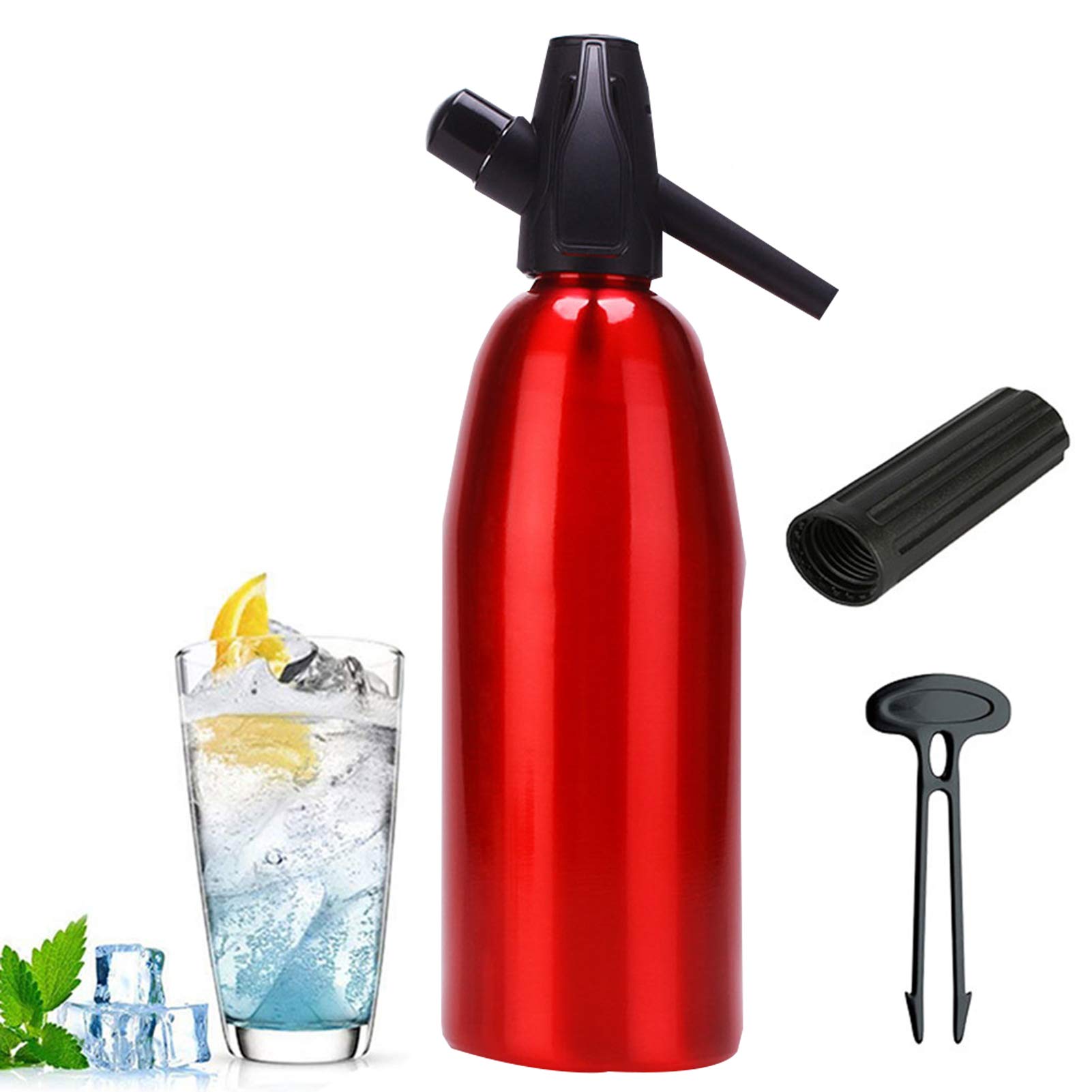 DYJD 1L Soda Syphon Siphon Maker Aluminium Soda Siphon Bottle Manual Homemade Soda,Mojitos, Gin Fizz Cocktails and Wine Spritzers,Red