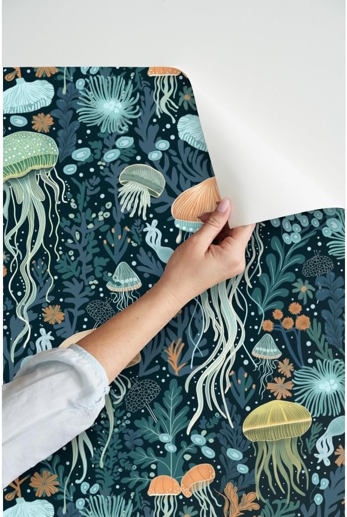 Peel & Stick Wallpaper 3ft x 2ft - Blue Jellyfish Under The Sea Ocean Life Seaweed Hand Drawn Coastal Custom Removable Wallpaper by Spoonflower