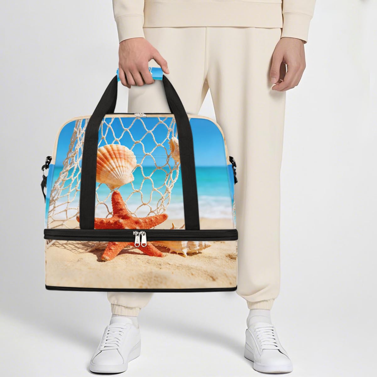 Borsone da viaggio pieghevole estivo da spiaggia, conchiglia, stella marina, borsa da palestra espandibile con scomparto per scarpe, borsa da weekend di grande capacità, borsa da portare a mano per
