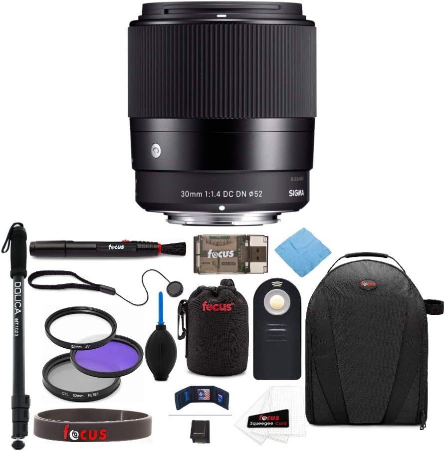 Sigma 30mm f/1.4 DC DN Lens for Sony e Mount w/Backpack & Monopod Bundle