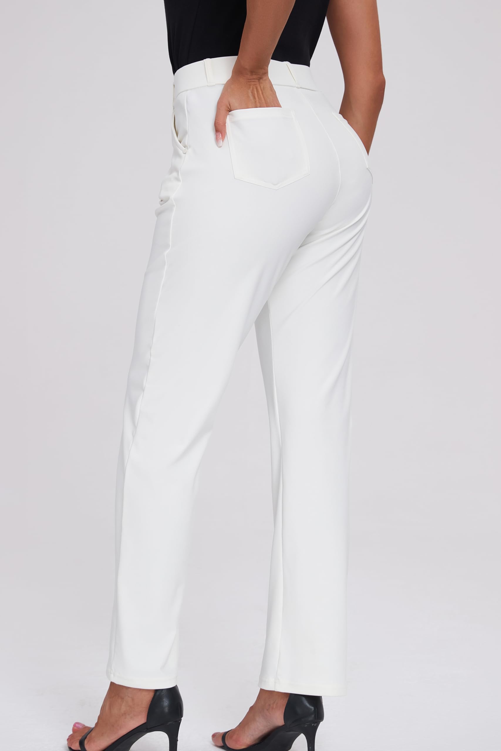 Oalka Women's Dress Pants Straight Leg Yoga Work Stretchy Pant for Office Business Cream White Short L