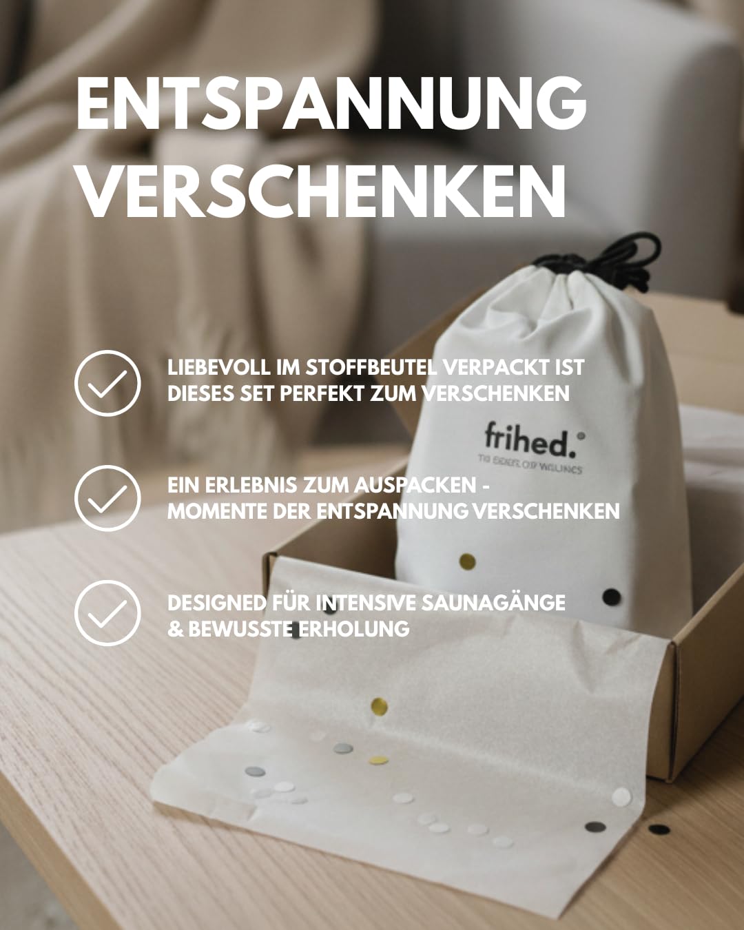 frihed.® Sauna Geschenkset Alpenruhe - mit Saunahut in Steingrau & Saunaaufguss Alpenkräuter & Peelingsalz Lavendel in Geschenkverpackung - für Männer und Frauen - Made in Lüneburg
