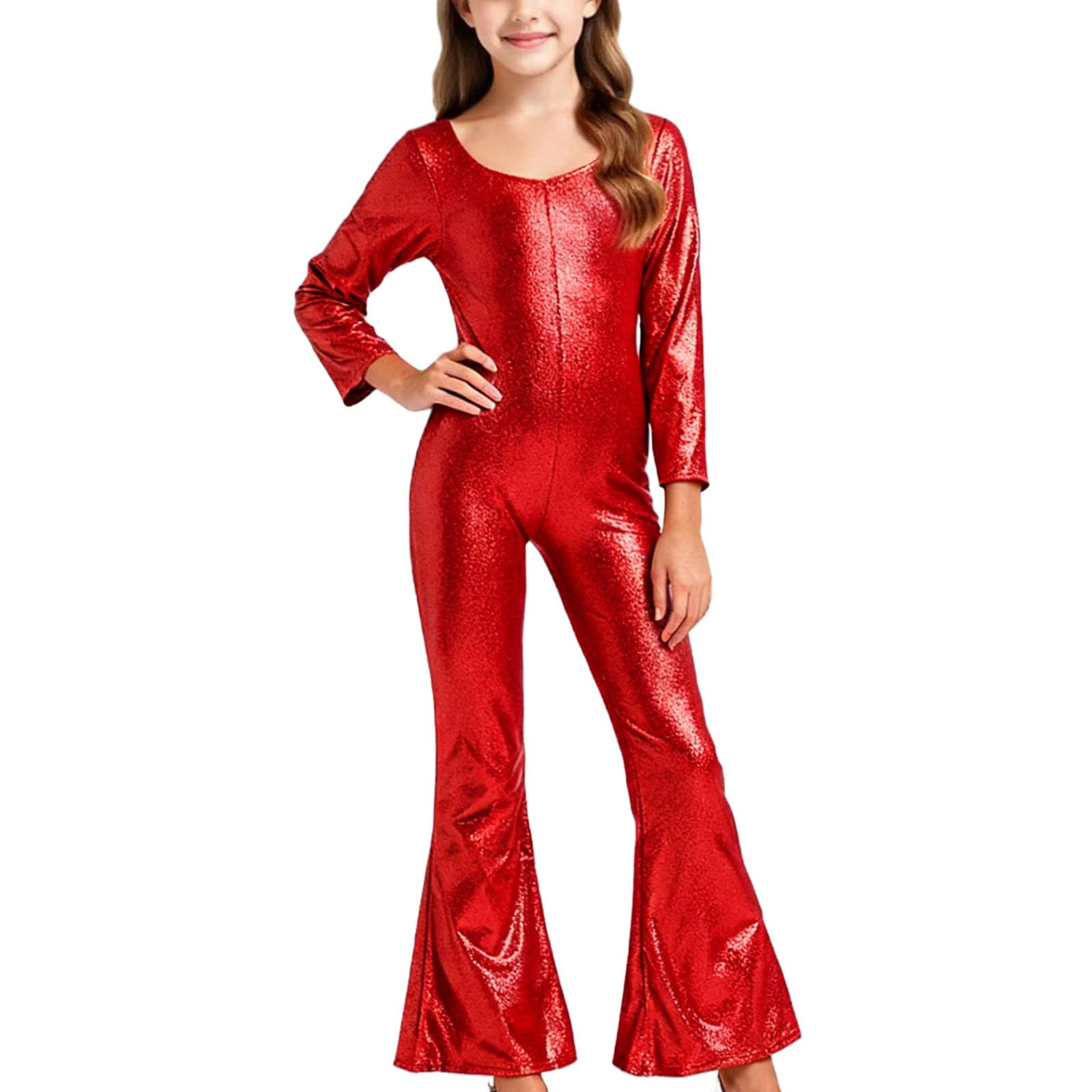 AMhomely Party Jumpsuits for Girls-Kids Teens Metallic Disco Funky Dance Costume,Long Sleeve Overalls Flared Wide Leg Trousers,Full Length Unitard 70s Hippie Dress Up A Red 7-8 Years