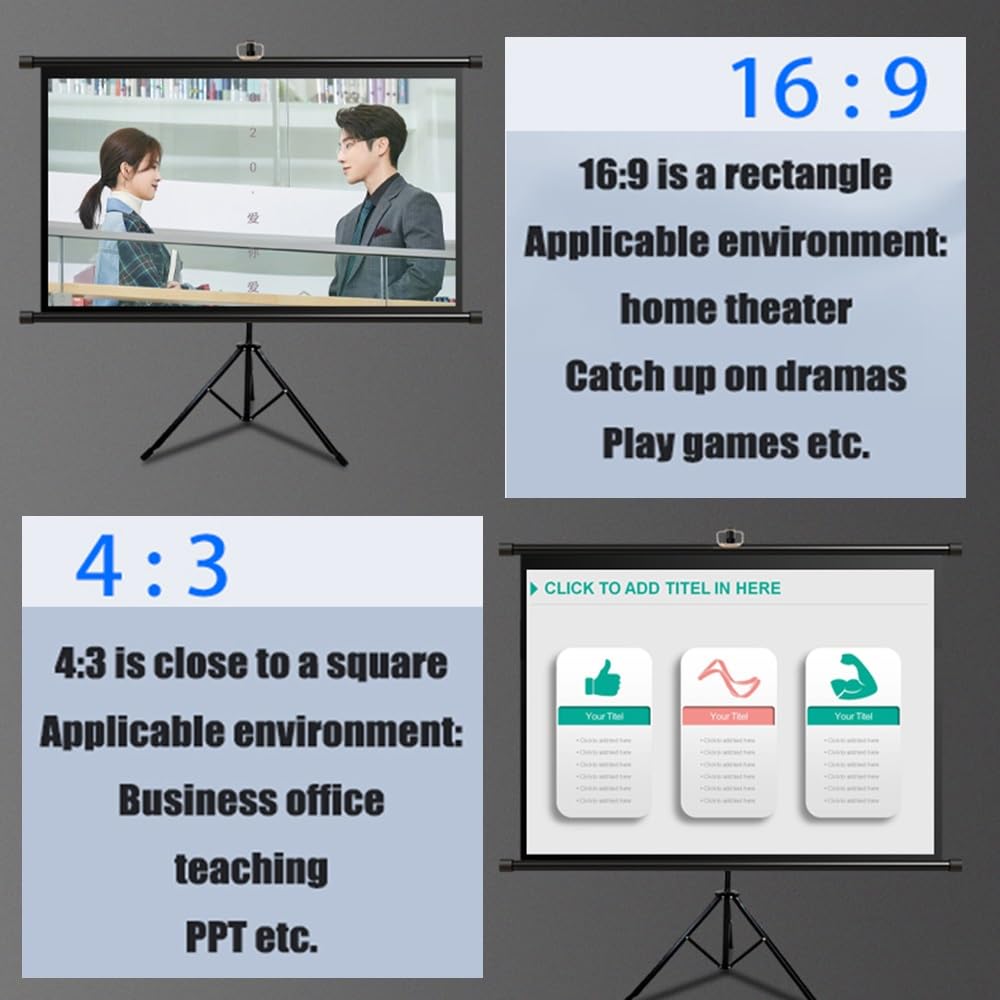 Tripod Screen 60 Pollici Schermo proiettore con Supporto, 4K HD 16:9/4:3 Schermo Proiezione, Telo Proiettore per Interni ed Esterni, Home Theater, Giochi, Ufficio (Size : 60" (4:3))