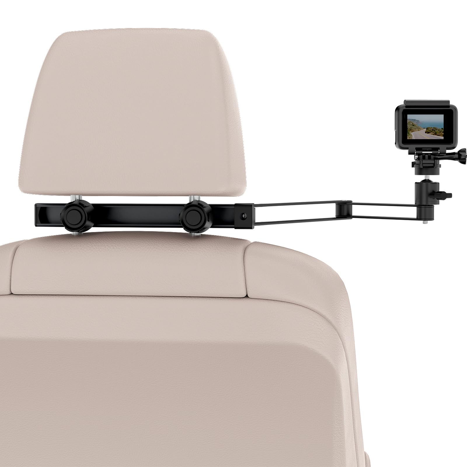 Mippko 車用ヘッドレストカメラホルダー 2段階アルミニウム合金延長折りたたみ式アーム ダブル1/4インチ-20ネジねじ GoPro/Insta 360 / DJI OSMO Pocket3 / Mevo Start/DSLR/iPhoneに対応
