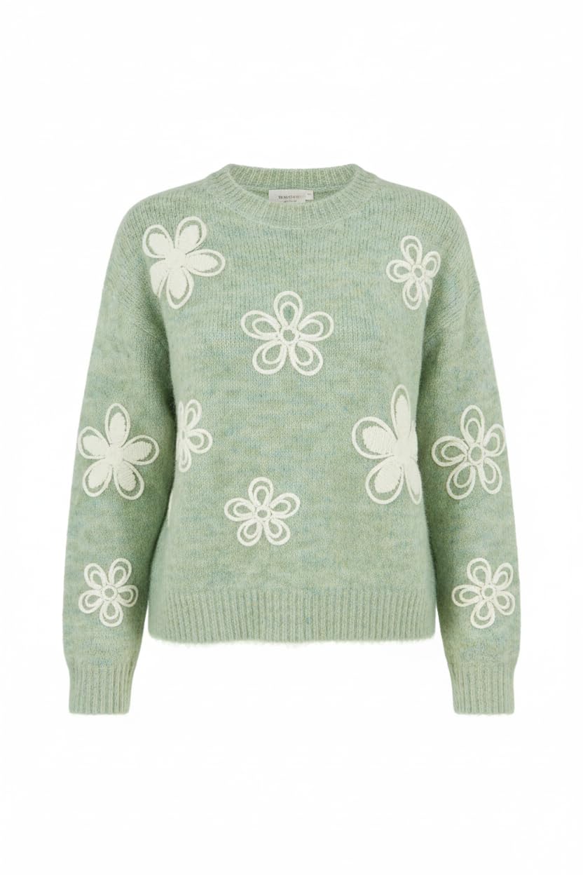 Yumi Green Relaxed Knitted Jumper with Crochet Flowers (UK, Alpha, M, Regular, Regular, Sea Green)
