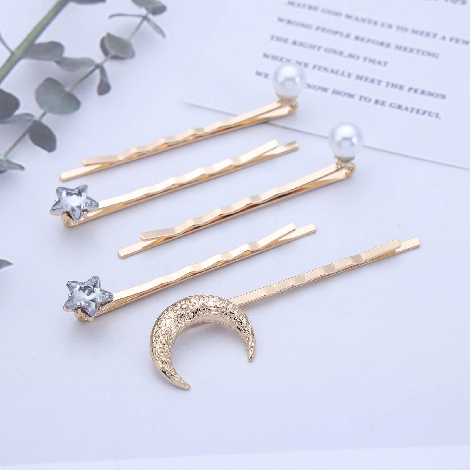 Inateannal Rhinestone Moon Star Hair Clips Gold Pearl Star Moon Hairclip Sets Bridal Pearl Hair Bobby Pins Wedding Decorative Bobby Pins Prom Hair Accessories 5pcs - Image 4