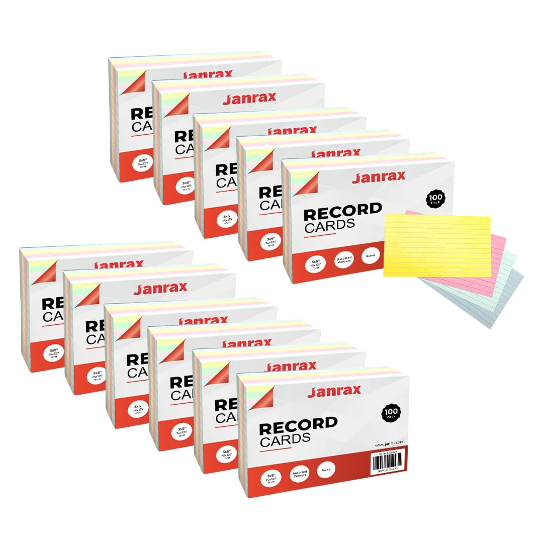 Pack of 1200 Assorted Colour Ruled 5x3 Record Cards – Lined Study Index Cards for Notes, Revision