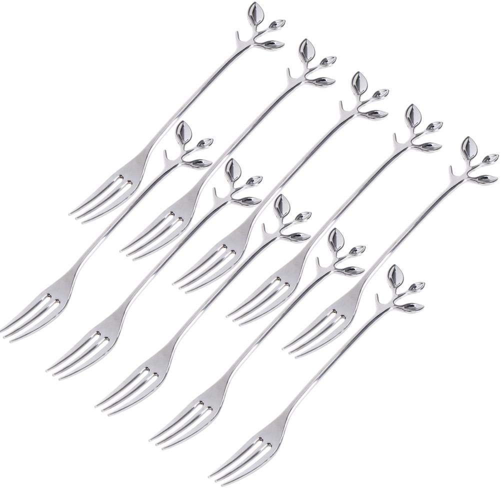 COMIART 10 Pcs Stainless Steel forks,Vintage Royal Leaf Handle Dessert Appetizer Bistro Cake Fruit forks, Party favors SILVER