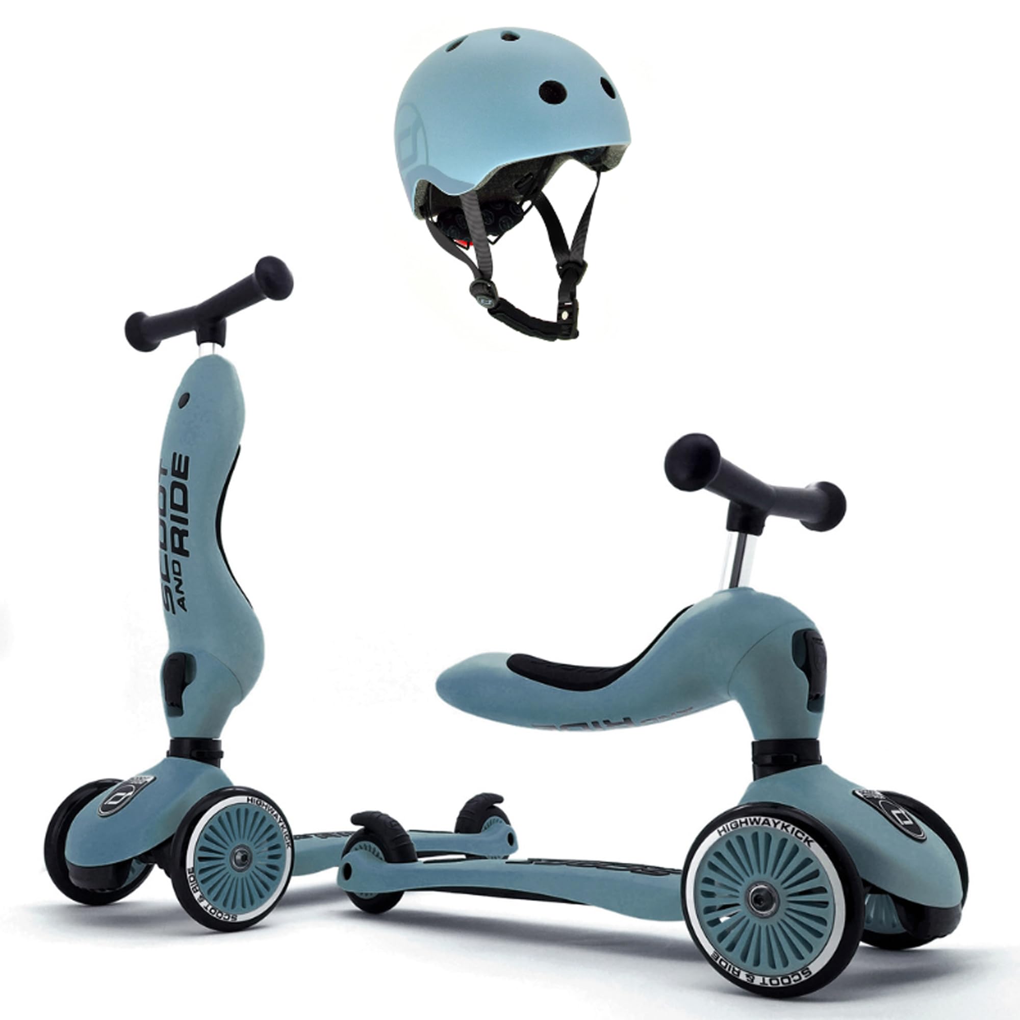 Scoot&Ride 2-in-1 Highwaykick 1 & Helmet S-M Kids Scooter, 3 Wheel Foldable Kick Scooter for Boys and Girls, Lean to Steer, Adjustable Handle, Kids Bike and Scooter for Ages 1 to 5 Years, Steel Bundle