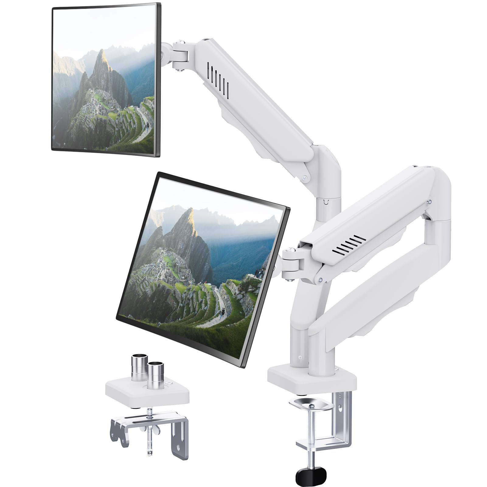 ELIVED Dual Monitor Halterung 2 Monitore weiß für 13-32 Zoll Bildschirme mit VESA 75/100, Gasdruckfeder 2 Monitorhalterung schwenkbar 180°, Drehbar 360°, Höhenverstellbar Monitor Arm, 9kg/Arm