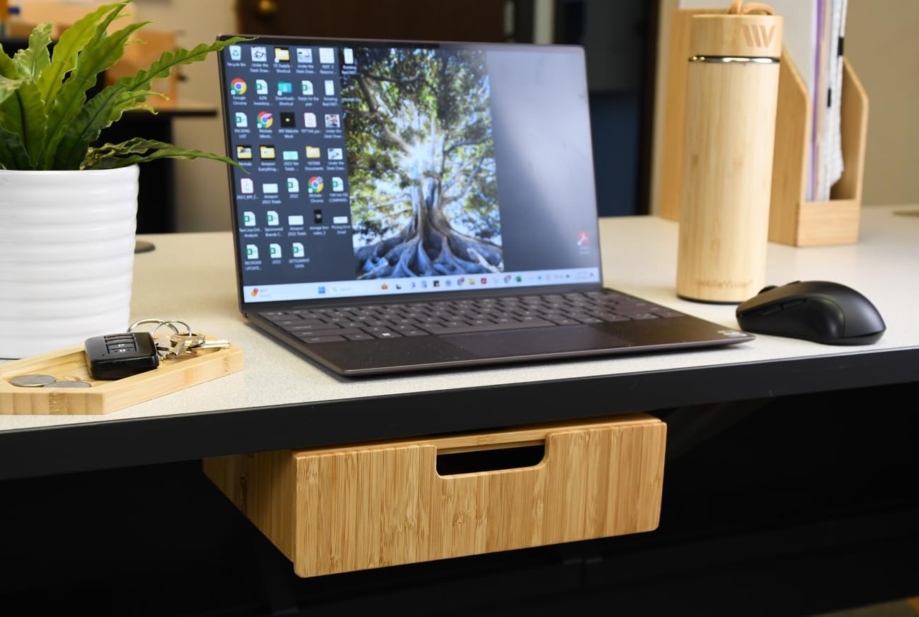 MobileVision Bamboo Mountable Drawer for Under Desk, Office Supply Storage for Pens Pencils Paper & More 9.5 x 7.5 x 2.5 INCHES (Inner Drawer Height: 1.25 IN)