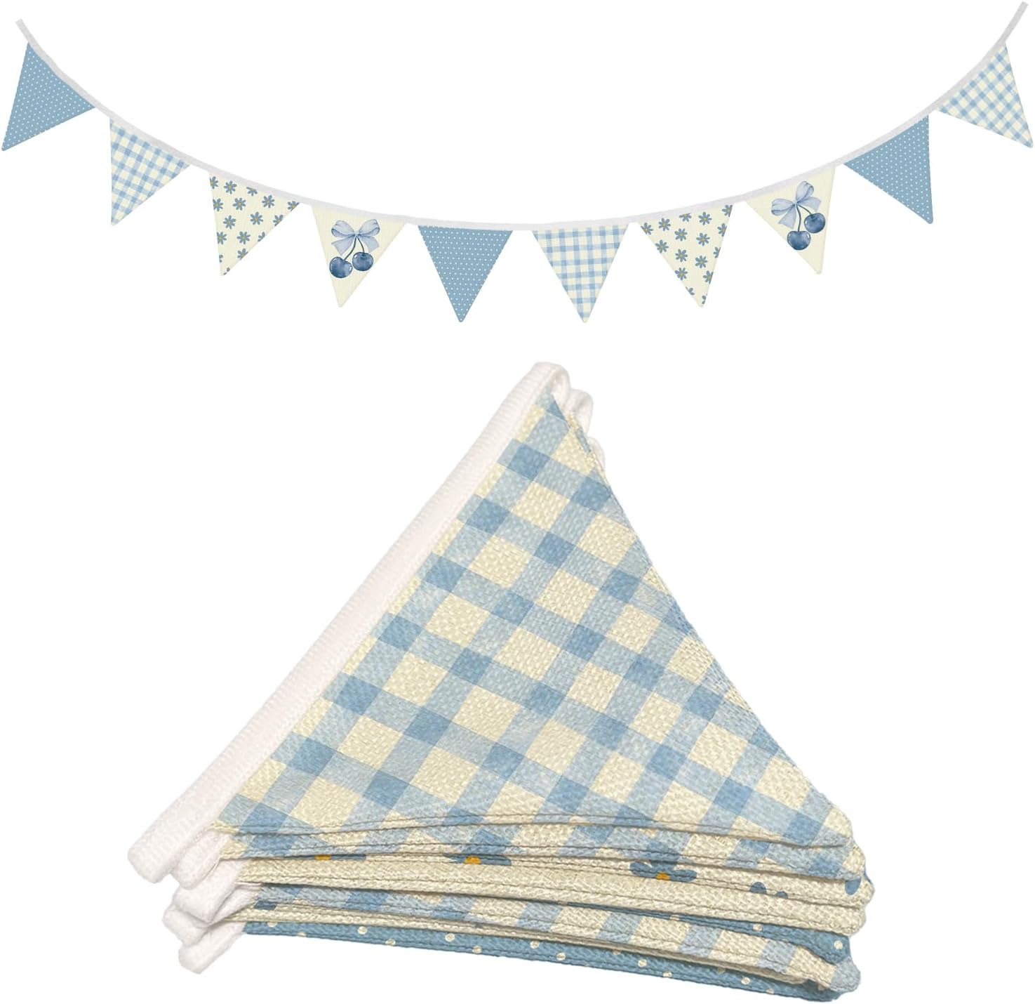 Nursery Wall Art Decor, Girls Decor for Toddler Nursery Playroom, Light Blue Checkered Garland Triangle Banners,Preppy Flags 11Ft Bunting Flags Fabric for Baby Shower Birthday Party
