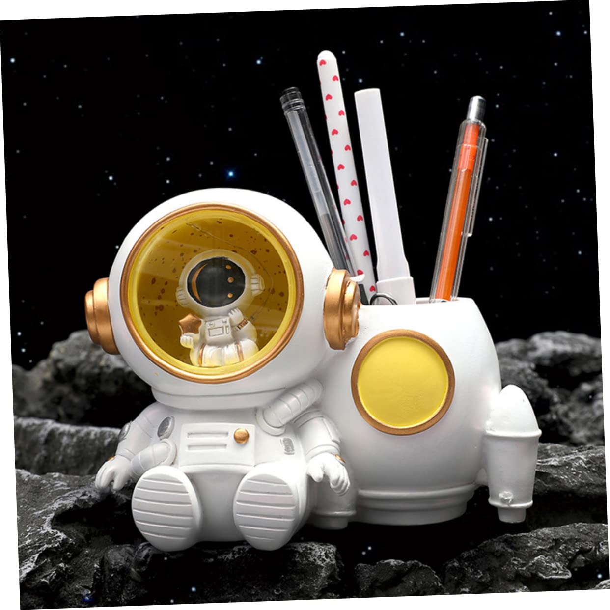 POPETPOP Portapenne Astronauta con Luce Porta Penne in Resina Bianco Grande Capacità per Scrivania Studenti Accessorio Ufficio Leggero e Decorativo