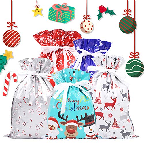 30PCS Christmas Drawstring Gifts Bags Christmas Goodie Bags with 30 Pieces Present Tags Label Assorted Styles Present Bags for Birthday Xmas Party Holiday