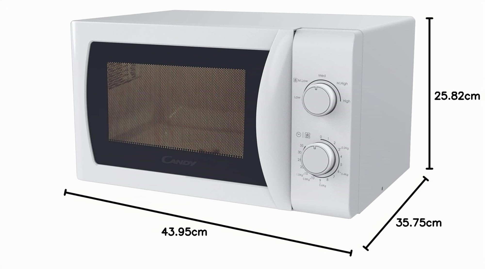 Candy Idea CMW20SMW Microondas, 20L, 700W-1050W,5 Niveles de Potencia, Panel de Control Mecánico, Alerta Acústica Finalización, Plato 25,5CM, Descongelación, Apertura Izquierda, Blanco
