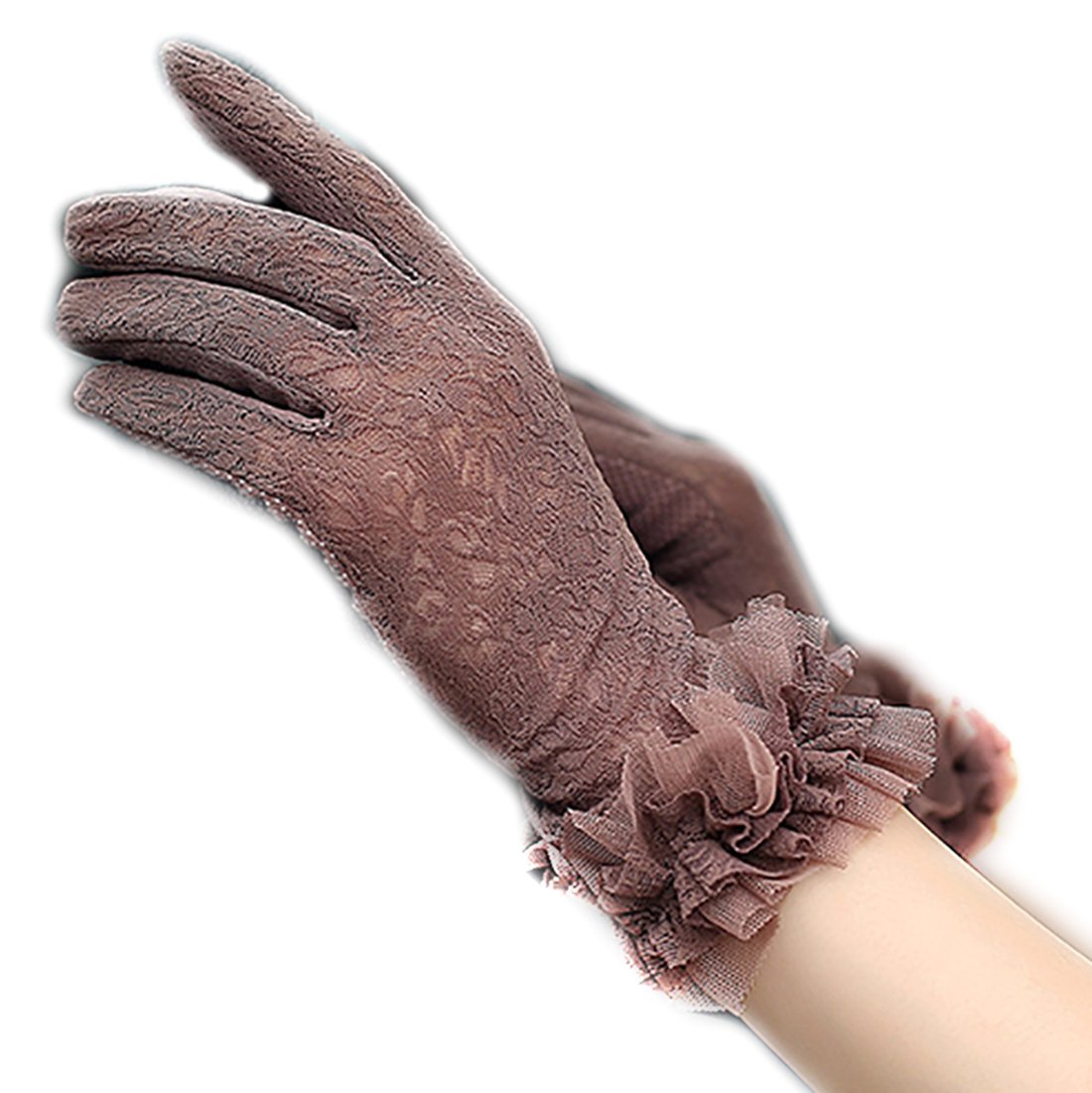 URSFUR Women Summer Lace Short Gloves Anti Sun Uv Driving Outoor Glove Non-slip Brown & Flower