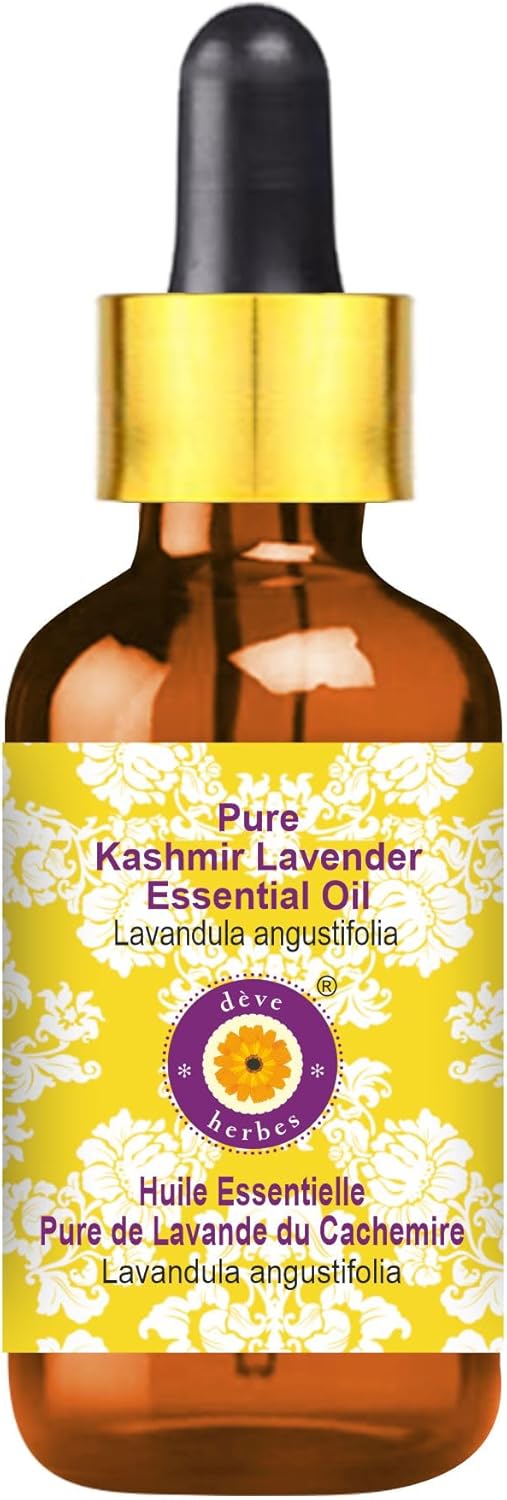 Deve Herbes Pure Kashmir Lavender Essential Oil (Lavandula angustifolia) with Glass Dropper Steam Distilled 30ml (1 oz)