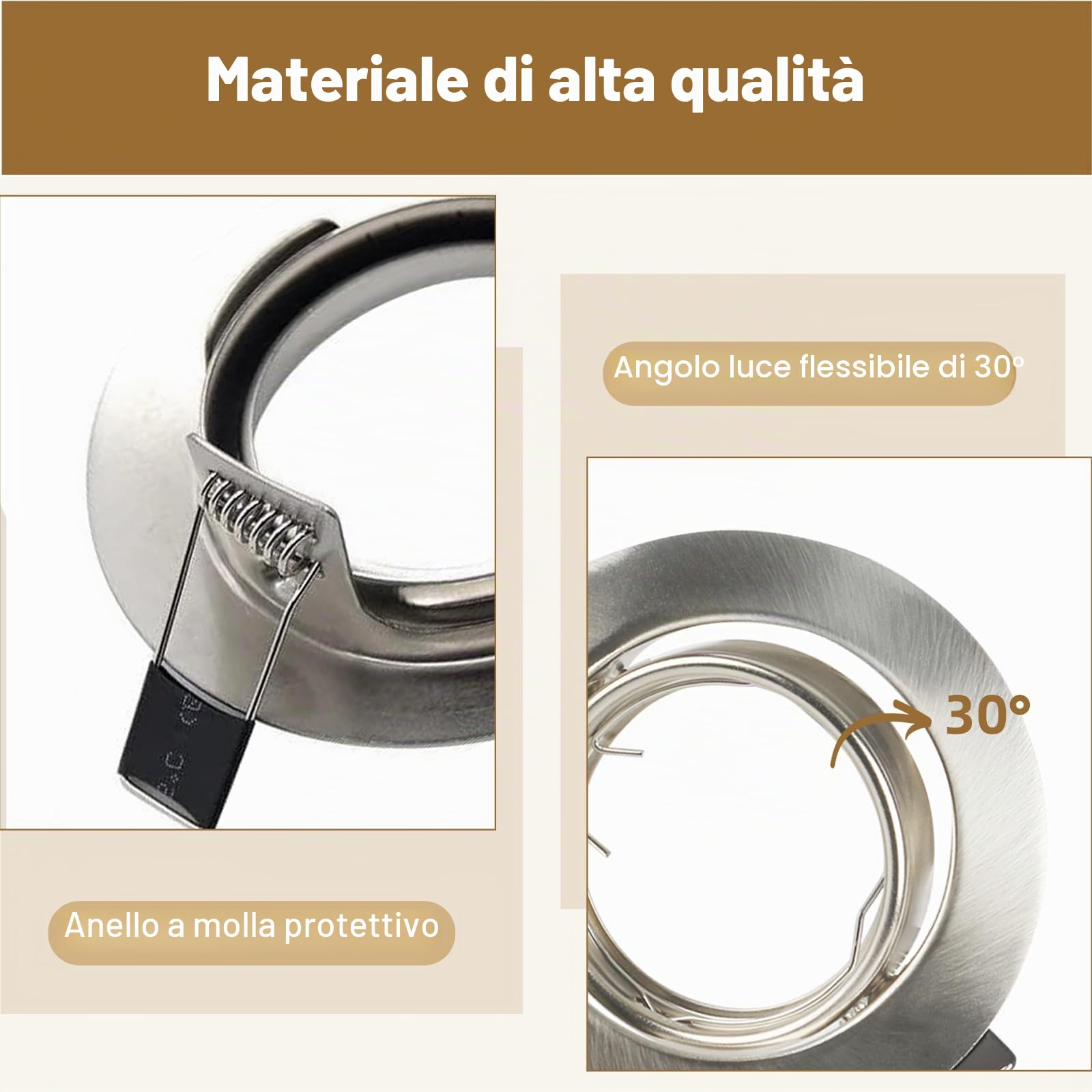 12X Cornice Faretti incasso cartongesso GU10 – Orientabili 30°, Ø90mm, per GU10 LED, Struttura in Metallo Cromato, Foro 68-80mm, con Portalampada – Faretti LED da Incasso per Cartongesso