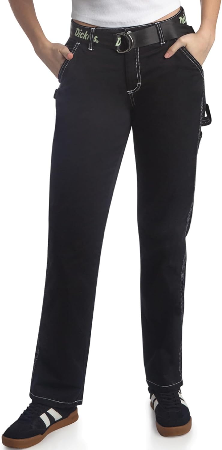 Dickies Womens Work Pants with Belt - Relaxed Fit Straight Leg High Waisted Carpenter Pants for Women with Utility Pockets