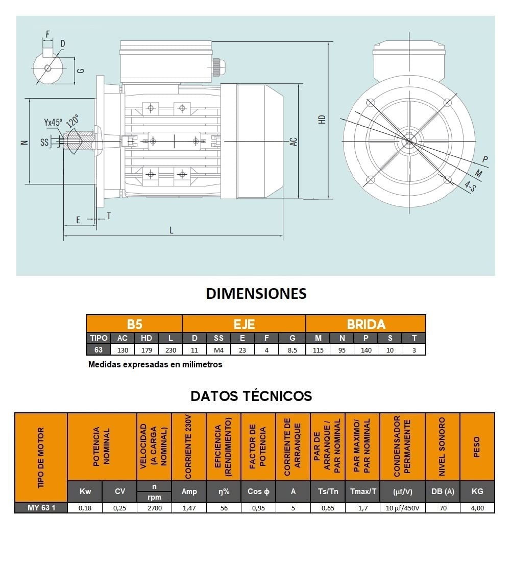 MOTOR ELECTRICO CEMER MONOFASICO 3000 RPM 230V 0,18KW / 0,25CV TAMAÑO 63 Ø DEL EJE 11mm BRIDA B5 140mm ARRANQUE MEDIO