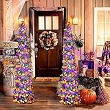 Timer - 2PK 5 FT Pop up Halloween Pumpkin Trees with 80 Orange and PurpleLED Lights, Collapsible Small Tinsel Artificial Pencil Black Trees for Home Porch Horror Party Indoor Decor