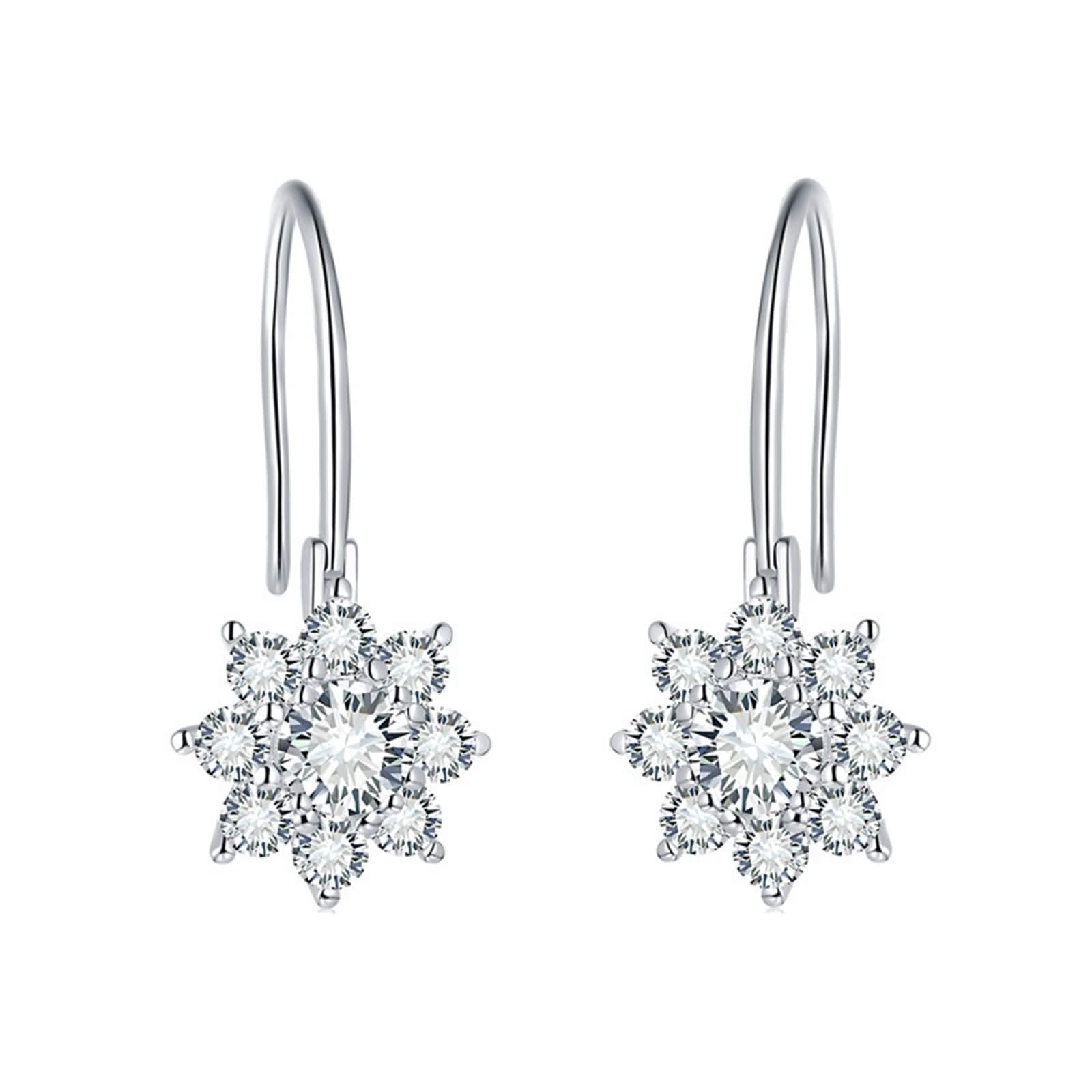 Aretes de Mujer de Oro Blanco 9 K / 14 K / 18 Kt, Flor con Moissanita de 0.5ct, Pendientes Boda Mujer Colgante Plata
