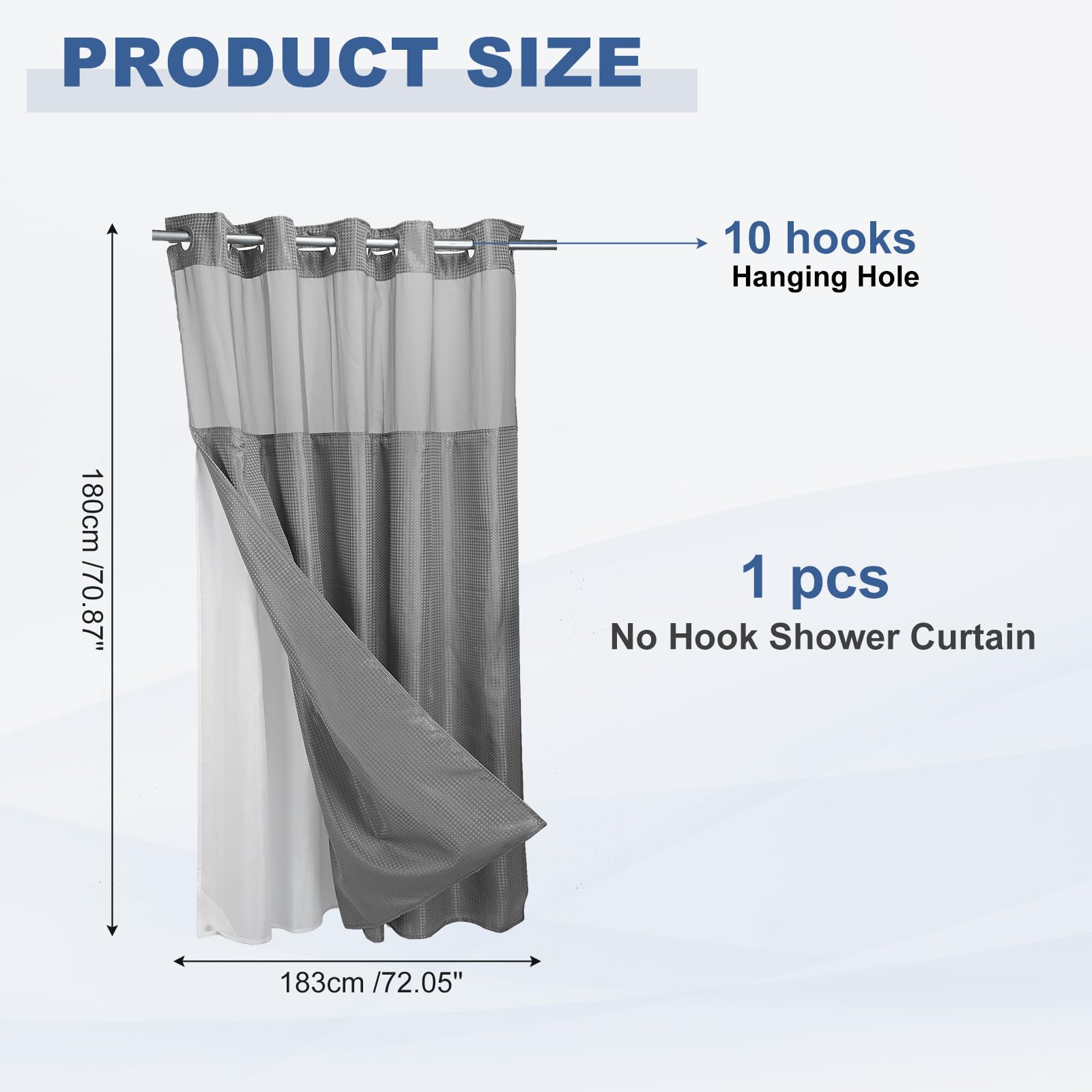 DTGN Rideau de douche sans crochet – Doublure amovible en polyester – Imperméable et lavable – Tissage gaufré texturé pour maison, salle de bain, hôtel – Gris foncé – 180 x 183 cm (l x L)