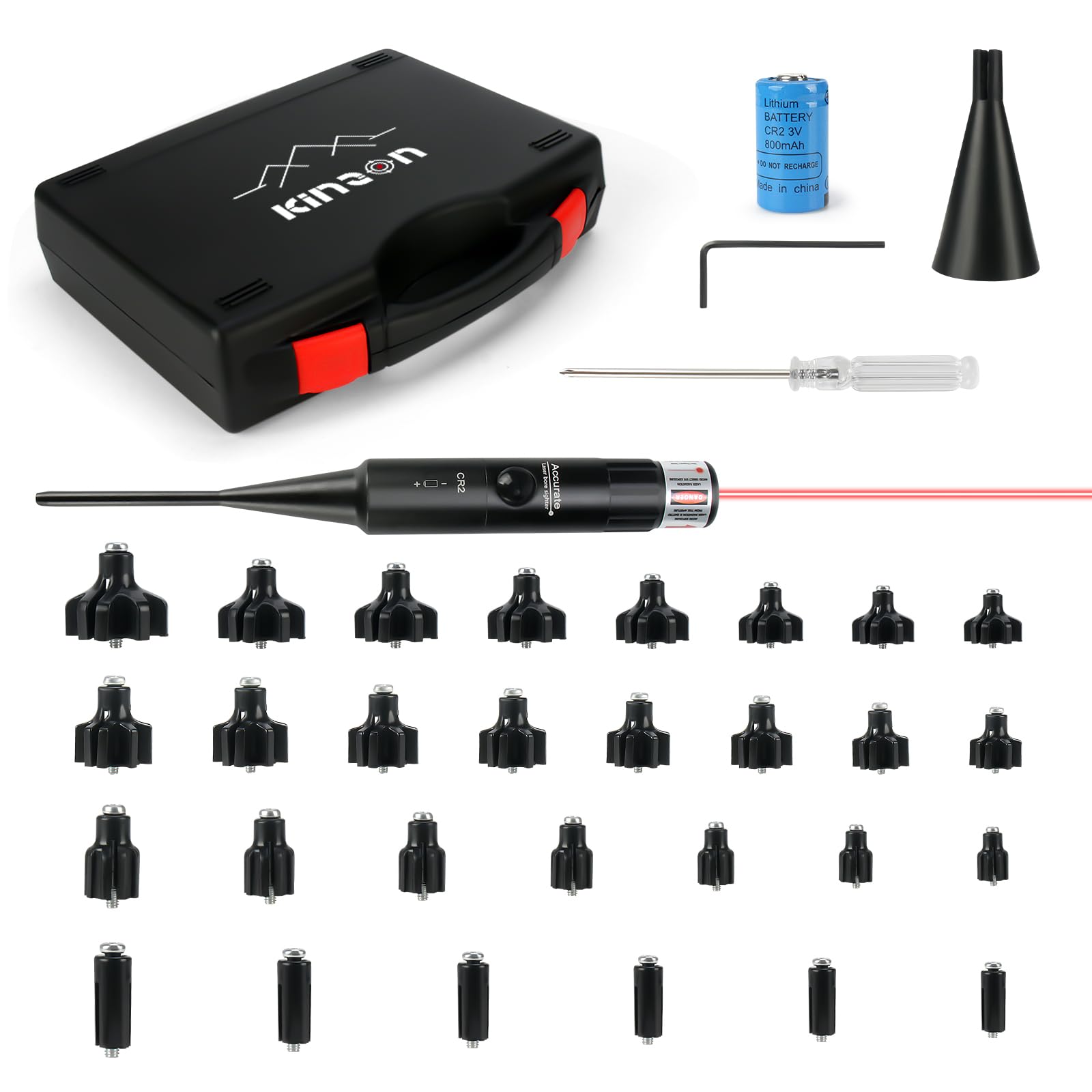 KinZon Kit de réglage de la visée Laser Professionnel calibres 0.17 à 0.78 (12GA) Laser Bore Sight, viseur à alésage Rouge, 30 adaptateurs, avec Embout pour améliorer la stabilisation, Chasse,Airsoft