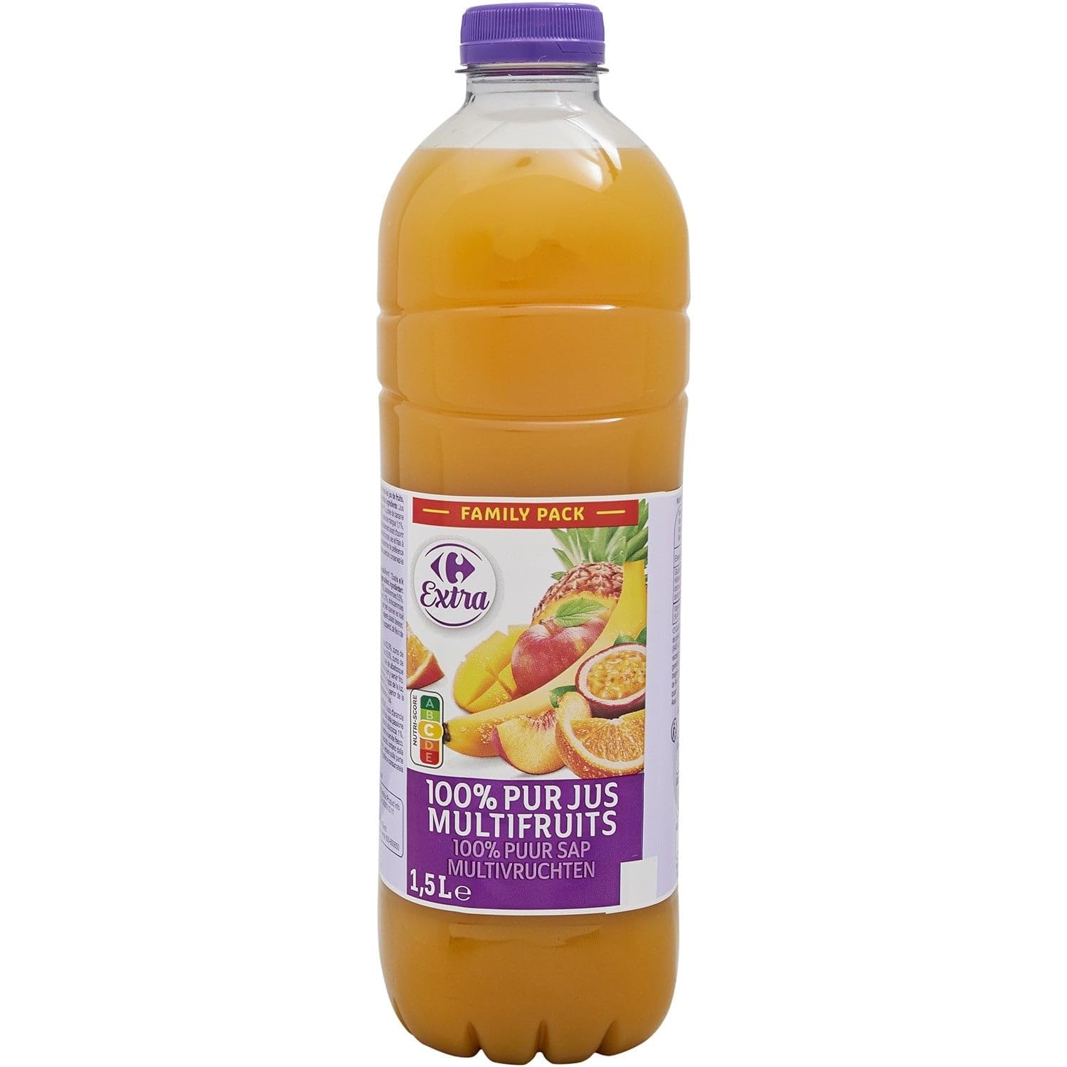 CARREFOUR EXTRA Jus Multifruits 100% Pur Jus - Sans Sucres Ajoutés - Bouteille 1,5L - Mélange de 8 Fruits (Pomme, Orange, Pêche, Banane, Fruits de la Passion, Ananas, Mangue, Abricot) - Lot de 4
