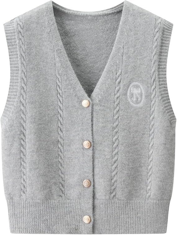 Knit Sweater Vest, Gray, V-Neck Button Front, Sleeveless Cardigan