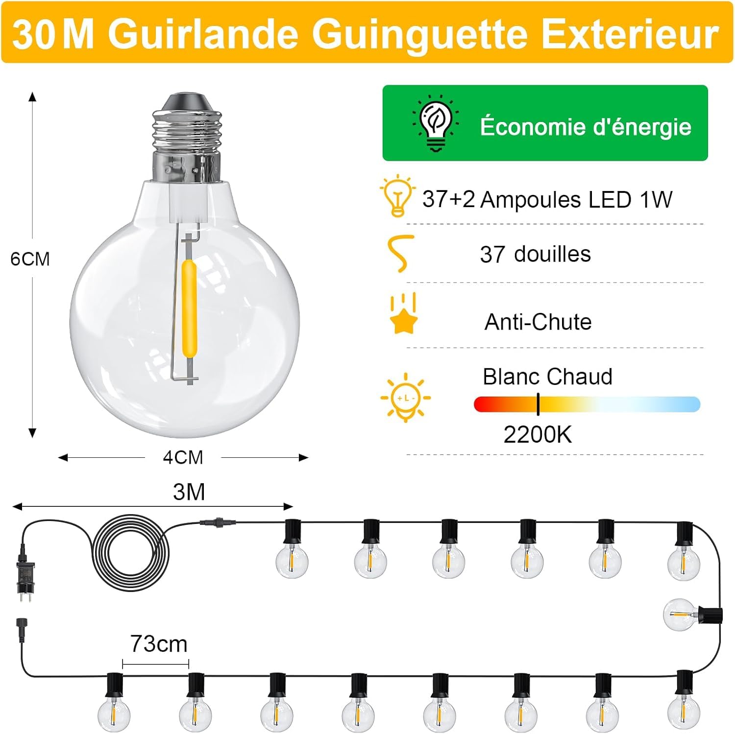Guirlande Lumineuse Exterieure Guinguette Electrique 30M, G40 98.4FT Étanche LED Guirlande Ampoule Exterieur, Guirlandes Lumières Extérieur Connectable pour Jardin Terrasse Balcon Mariage