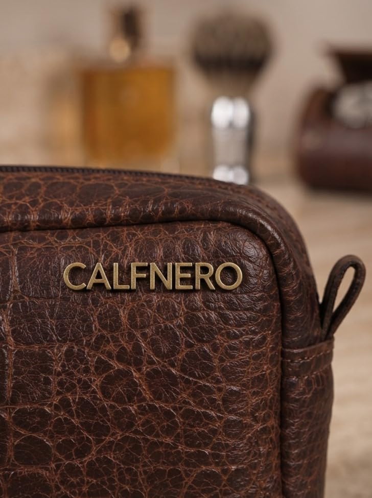 Image of Calfnero Genuine Leather Toiletry Bag for Men & Women | Premium Leather Travel-Pouch | Toiletry Organizer | Cosmetic & Shaving Kit Bag | Unisex Travel Dopp Kit (Cognac-Croco)