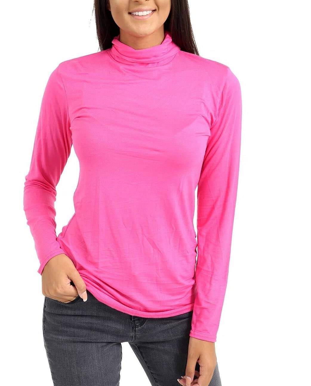 Ladies Women Basic Long Sleeve Plain Polo Turtle Neck Ladies Stretch Plus Size Top T Shirt (Pink, XXL)
