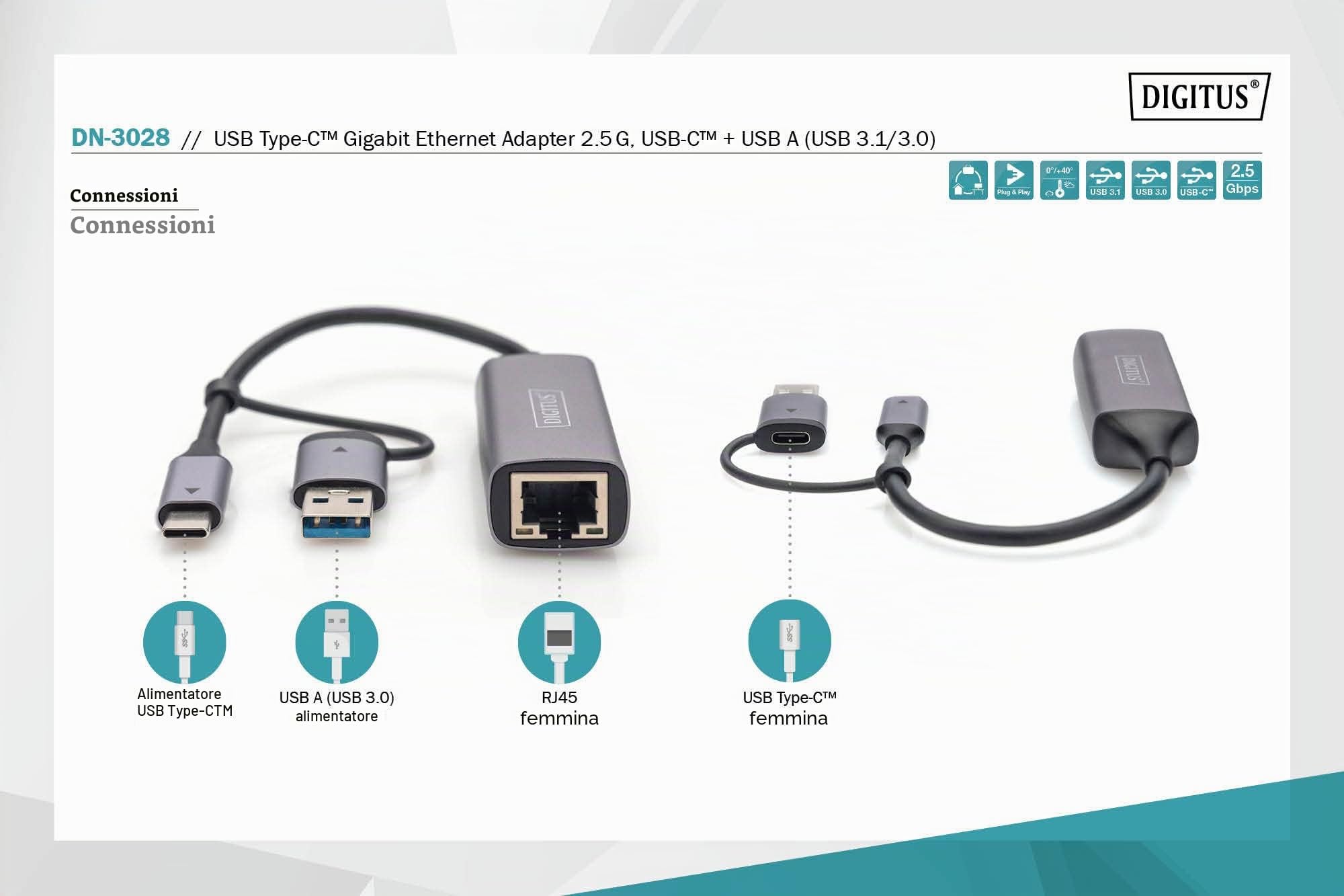 DIGITUS Adattatore di rete USB - 2,5 Gbit/s - RJ45 a USB-C 3.1 - incl. adattatore tipo A - Full Duplex - Auto MDI-X - Grigio
