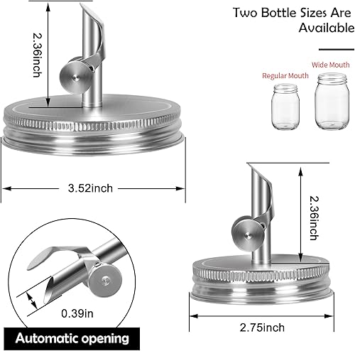 Miniatura 8 de Paquete de 2 tarros de acero inoxidable 304 con bloqueo automático a prueba de polvo, tapa de vertido de boquilla de flujo libre para tarros Mason