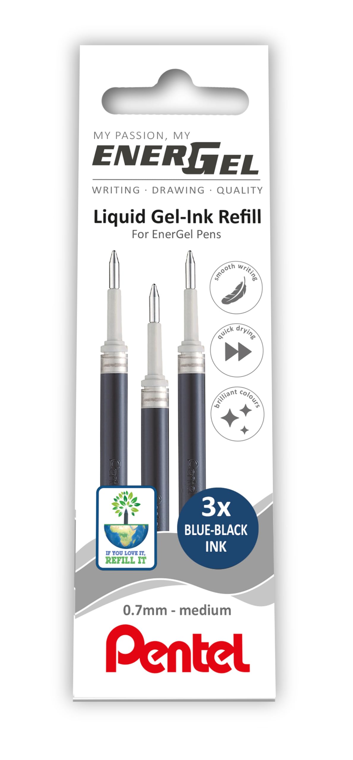 Pentel EnerGel 0.7mm Refill Wallet of 3 - Blue Black
