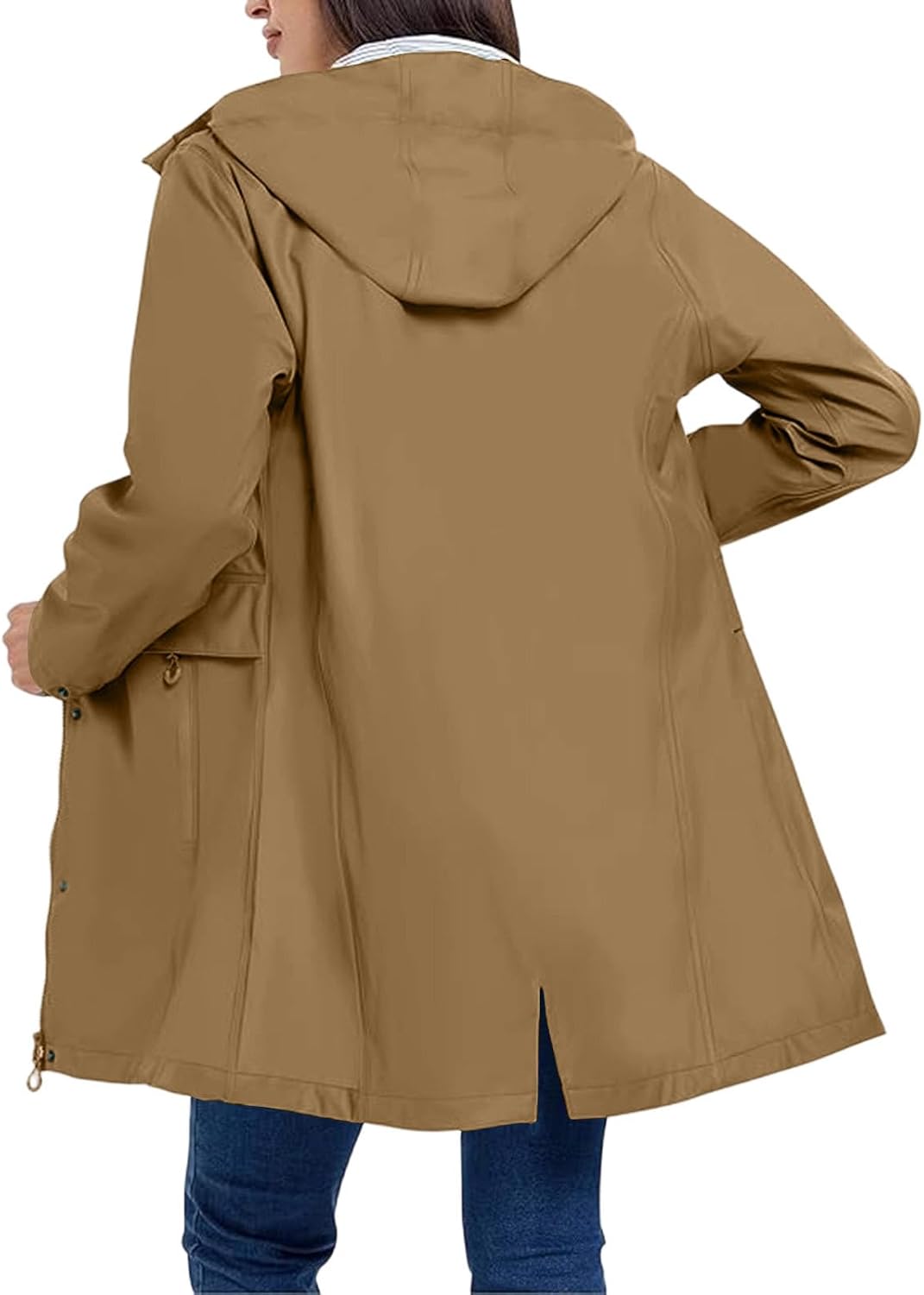 Trench Coat for Women Waterproof Hooded Zip Up Outdoor Rain Jacket | Women's Mid Length Softshell Anorak with Snap Flap Pocket, Drawstring Waist for Fall Spring Travel Hiking Casual