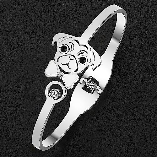 Image of WEVENI Cute Pug Gifts For Pug Lovers Stainless Steel Shell Pug Bracelet Cuff Bangle 18k Gold Plated Pet Dog Bangles Jewelry Charms Pugs Mom Gifts
